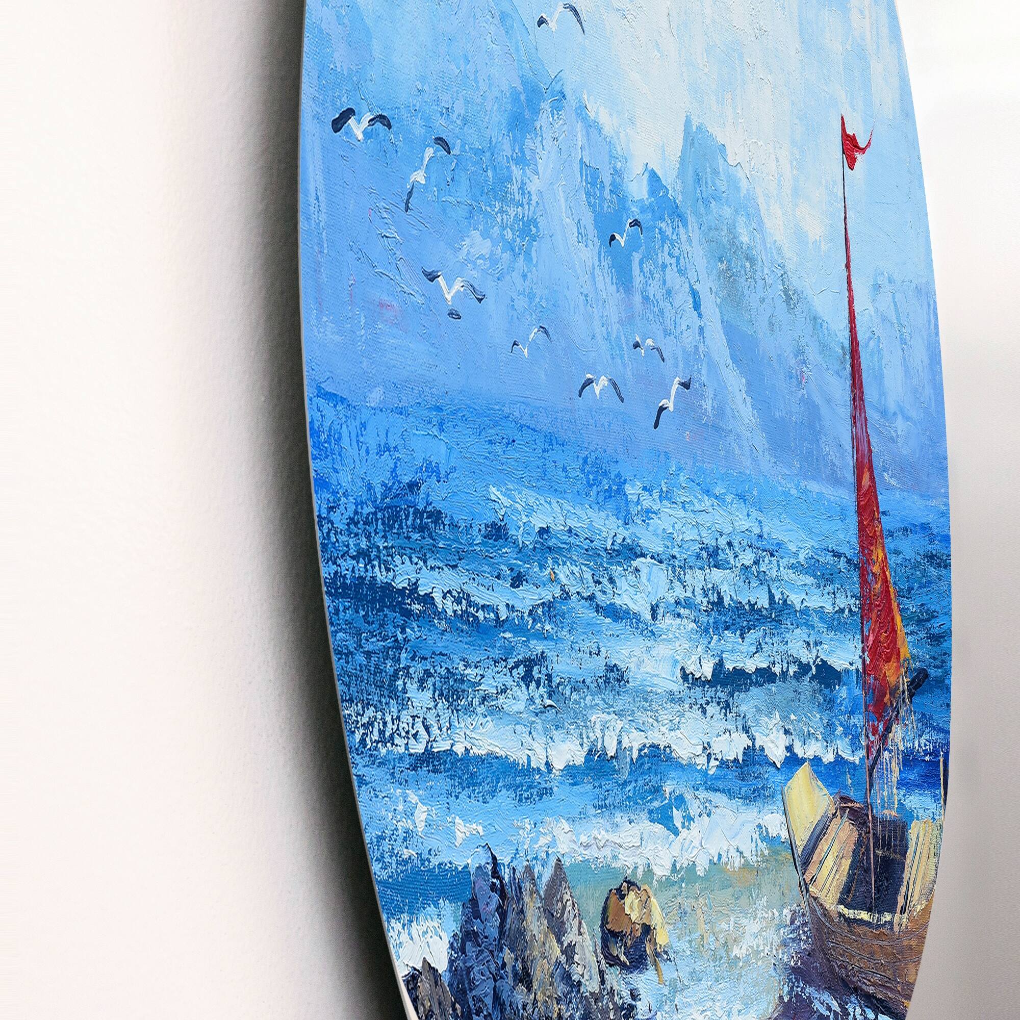 Designart 'Red Sailboat On Blue Ocean' Nautical & Coastal Metal Circle