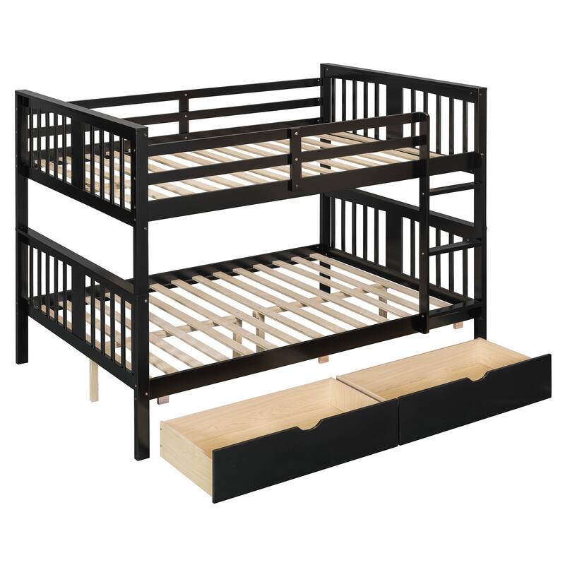 Roomfitters Full Over Full Bunk Bed with Drawers and Ladder, Solid Wood Frame for Bedroom or Guest Room