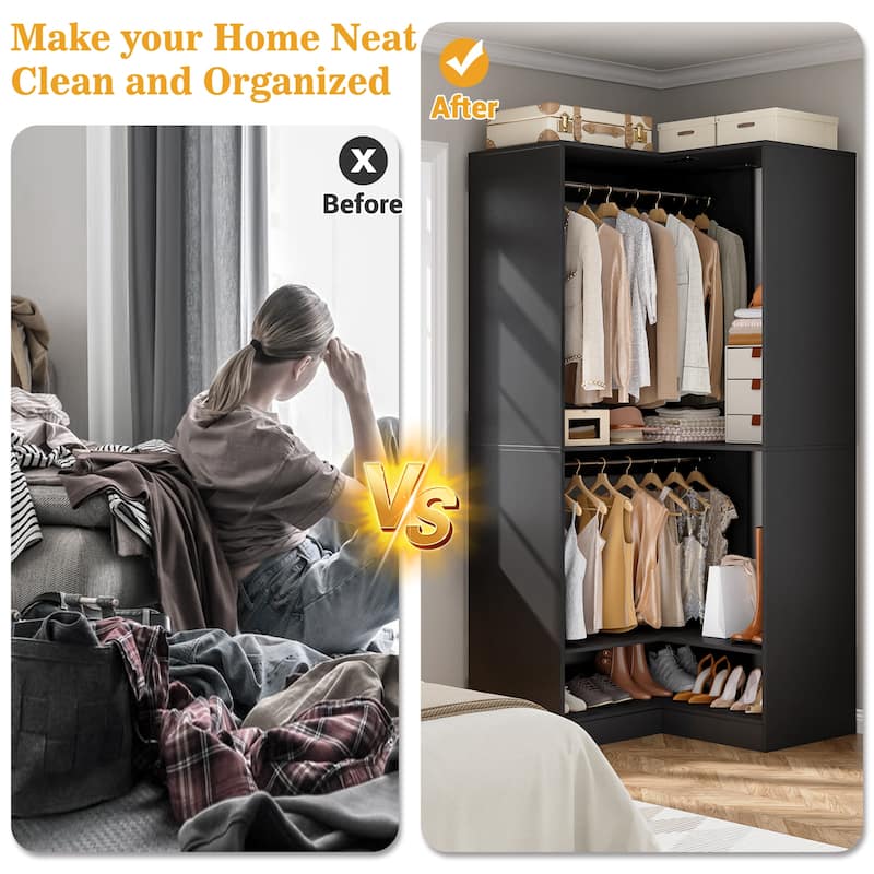 Qvella 31.5'' W Corner Closet System with Hanging Rods and Shelves,Corner Wardrobe Closet Organizer for Walk-in/Reach-in Closet