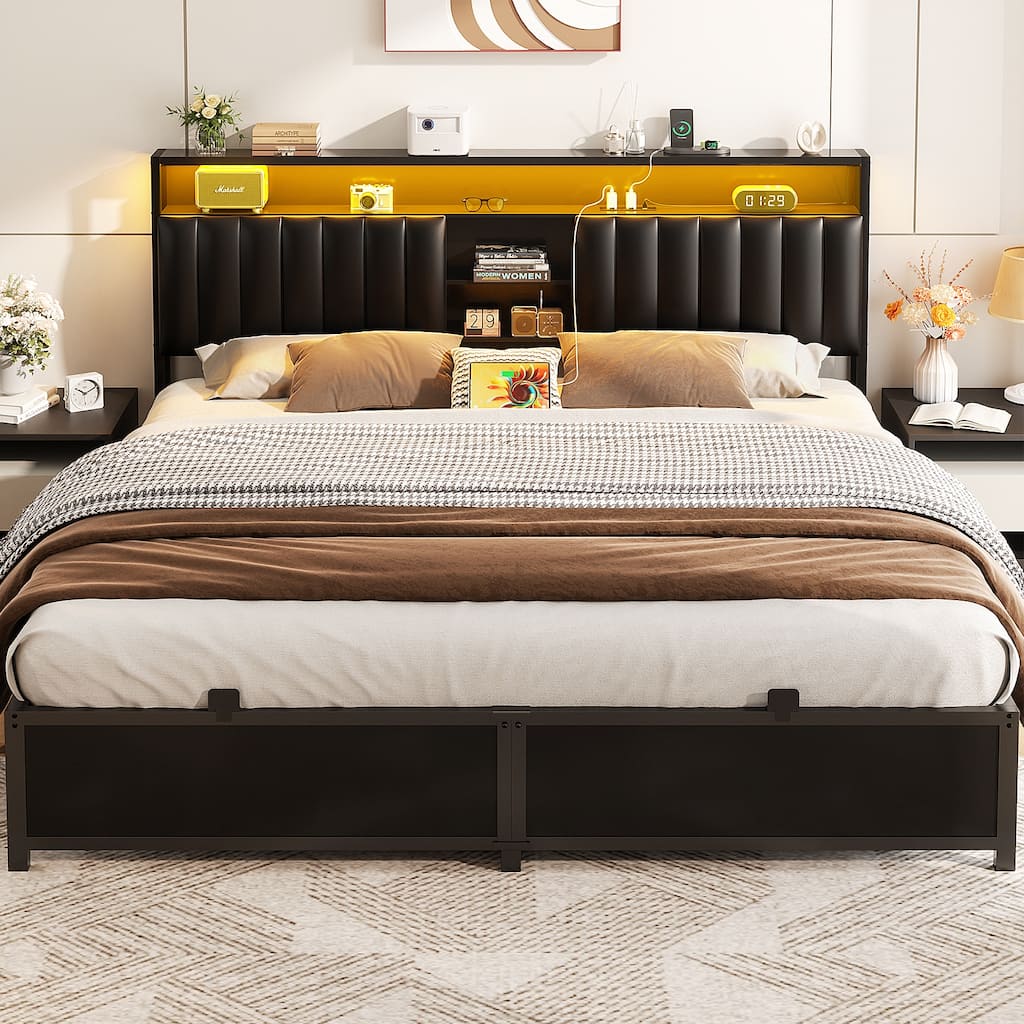 Upholstered Bed Frame with Storage Shelving, Platform Beds with Charge Station and LED Lights