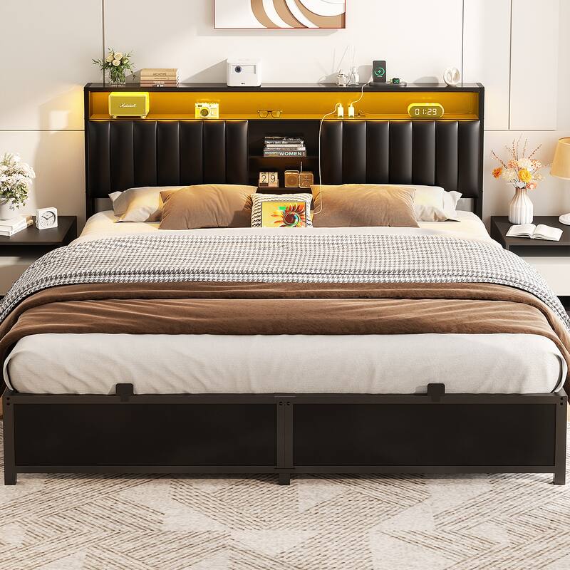 Upholstered Bed Frame with Storage Shelving, Platform Beds with Charge Station and LED Lights - Black - King