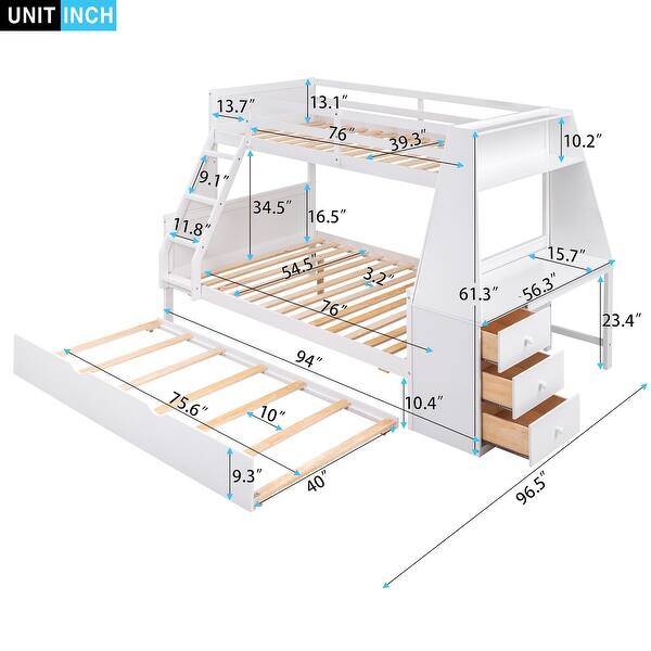 Artsy Twin over Full Bunk Bed with Trundle and Convenient Built-in Desk, Three Storage Drawers and Shelf, White