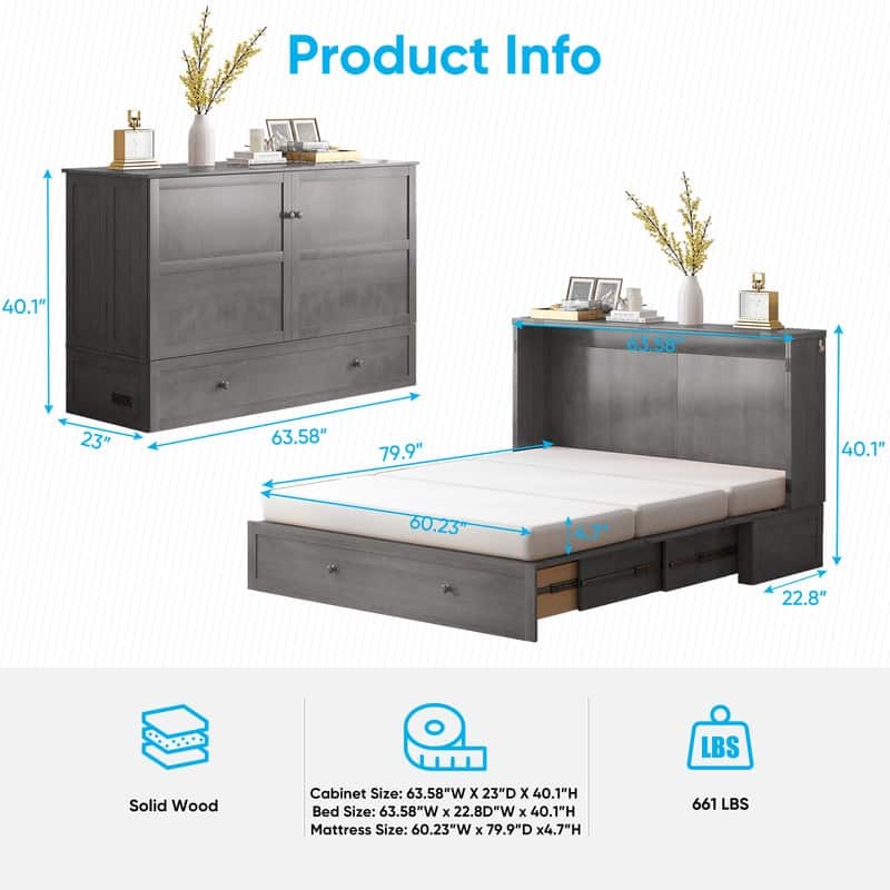 Mixoy Queen Horizontal Murphy Chest Bed with Mattress,Charging Station