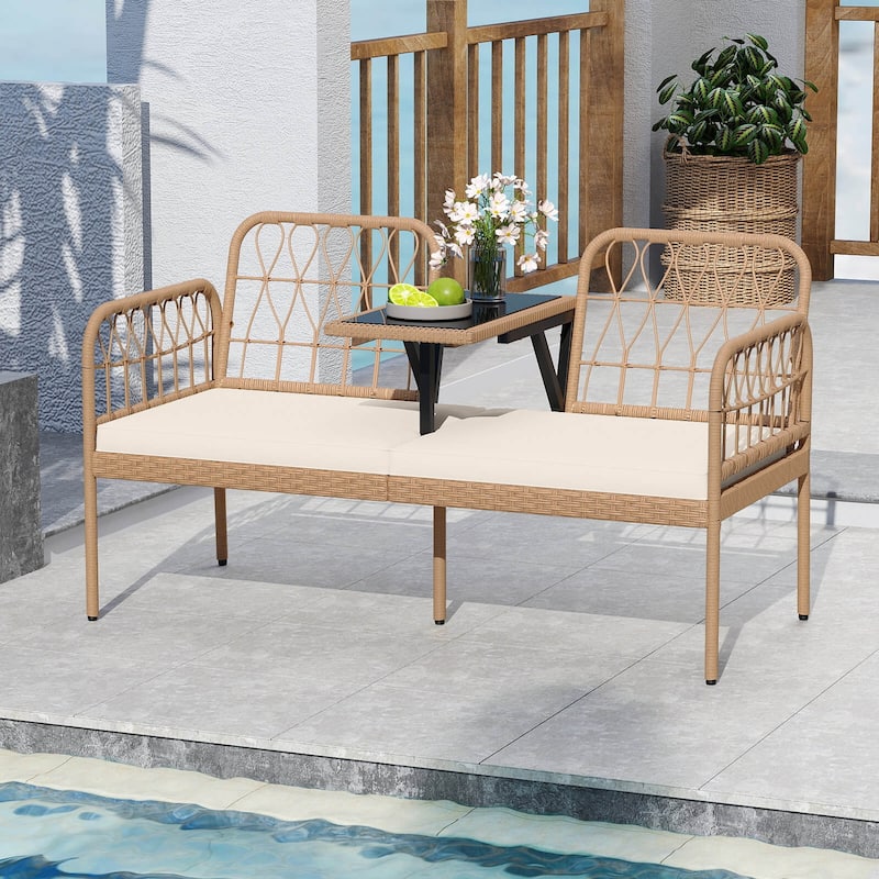Costway PE Rattan Outdoor Loveseat with Built-in Coffee Table & Soft - See Details