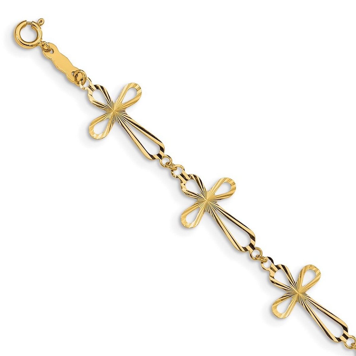 Curata 14k Yellow Gold 7.5" 11mm Diamond-cut Sideways Flared Cross Bracelet