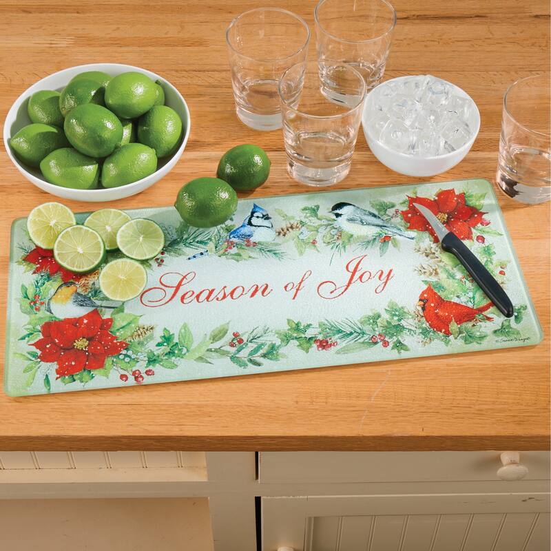Season of Joy Poinsettia Birds Glass Cutting Board - 20 x 8.5 x 0.25 - Green - 20 x 8.5 x 0.25