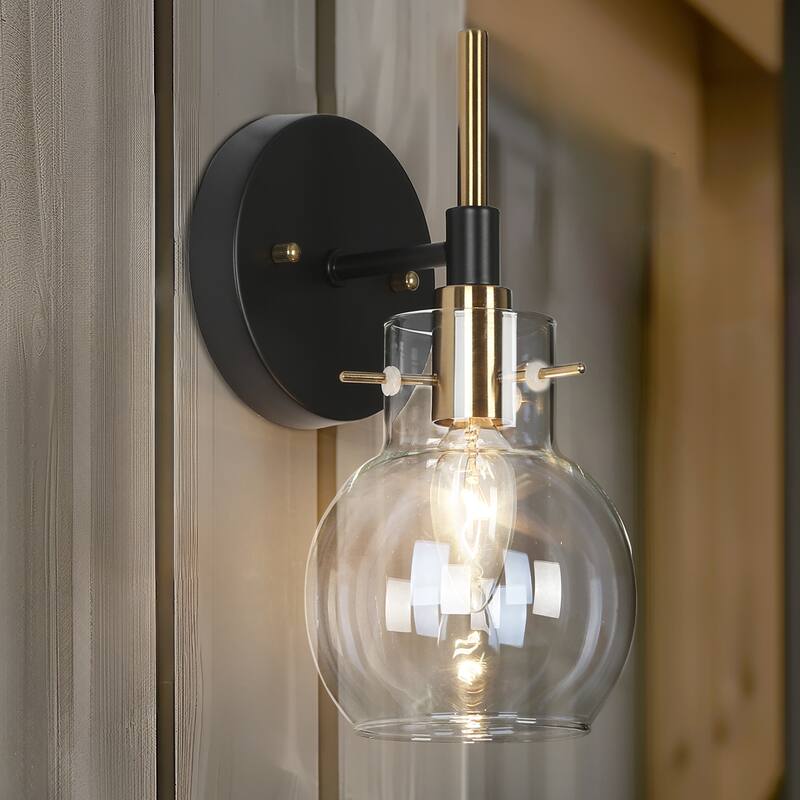 Isha Modern Black Gold 1-Light Bathroom Wall Sconce with Globe Glass - 5" L x 6" W x 10.5" H