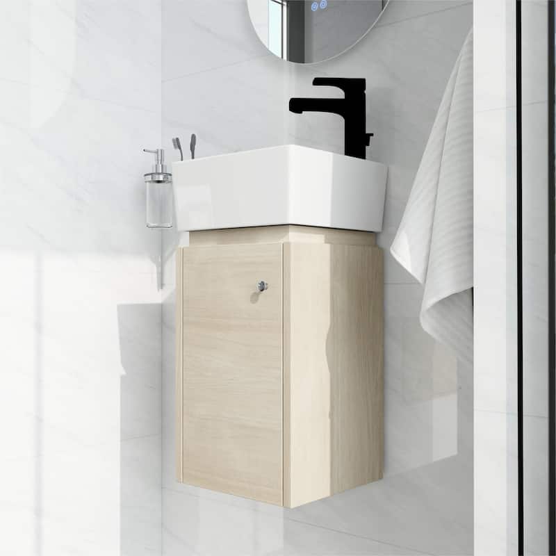 Bathroom Vanity With Sink In 12 Inch, Floating Bathroom Vanity With Soft Close Door - 12"W x12"D x 24.1"H - Plain Light Oak