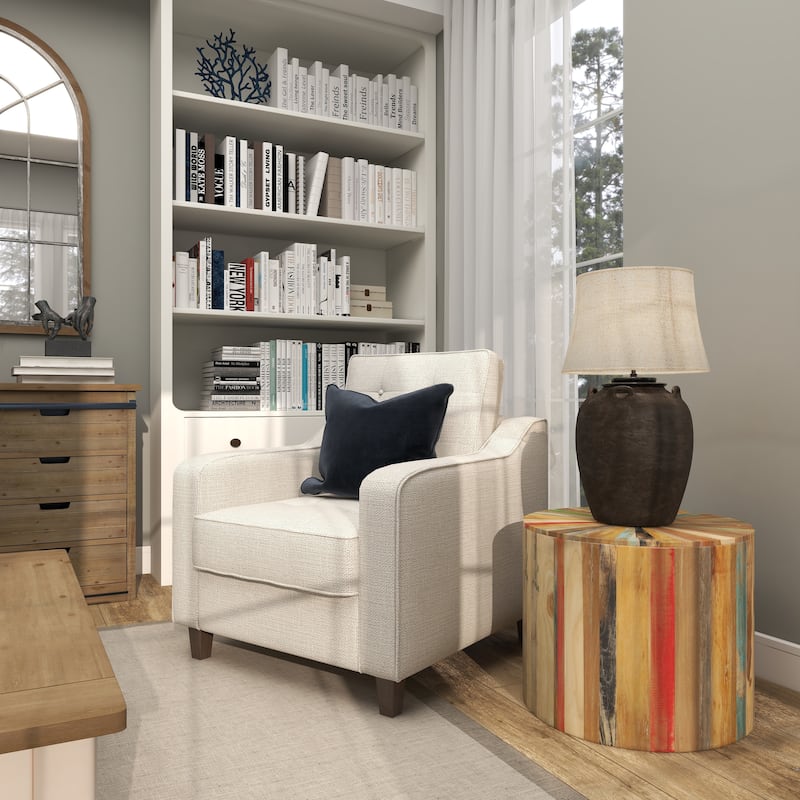 Brown Reclaimed Wood Handmade Pinwheel Drum Geometric Coffee Table with Colorful Painted Accents