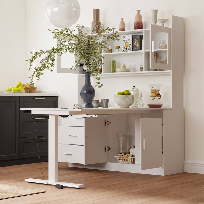 Electric Height Adjustable Standing Desk with Storage Hutch, 68.5” White Home Office Desk with Drawers and Cabinets