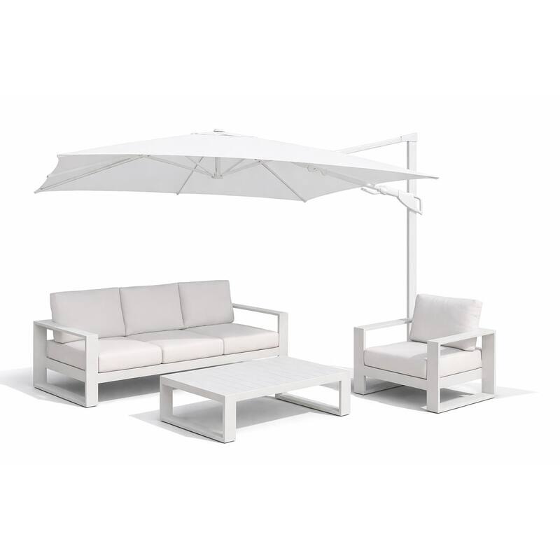 Piola All White 10 ft. Square Aluminum Outdoor Patio Cantilever Umbrella with Granite Base