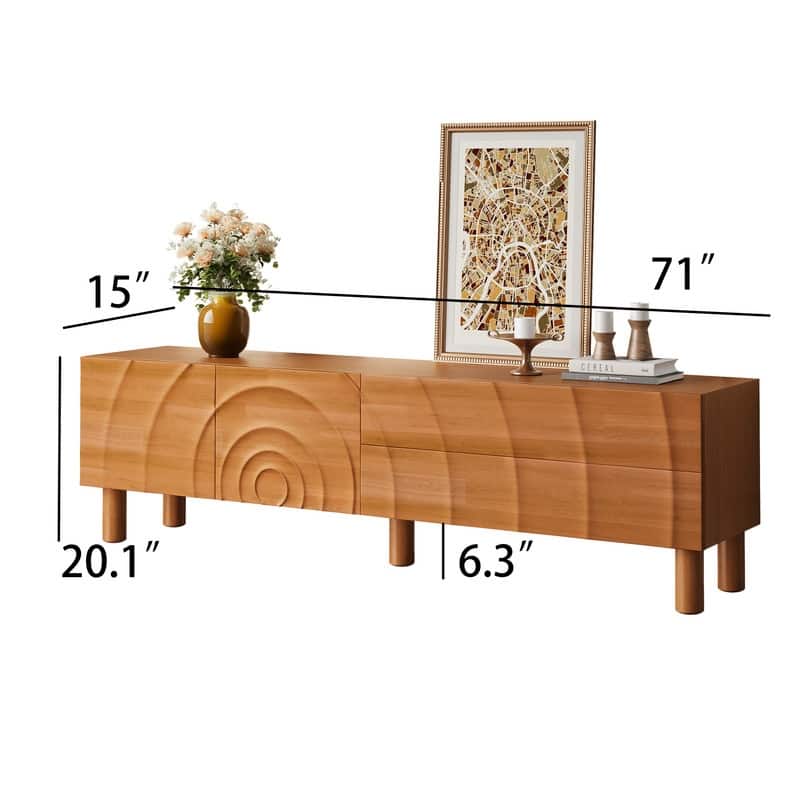 71"Mid Century Brown Wood TV Stands, Solid Wood Media Console With 2 Drawers & Cabinets