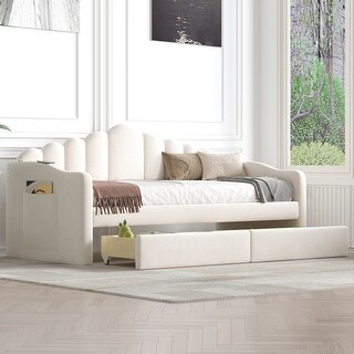 Twin Size Upholstered Daybed with Roll-out Trundle Drawers and USB Charging Ports, Velvet Sofabed Frame for Living Room, Beige