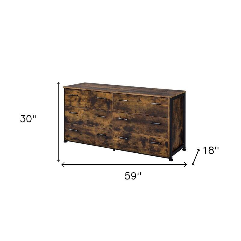 Rustic 59 Inch Six Drawer Dresser in Brown and Black for Bedroom Organization