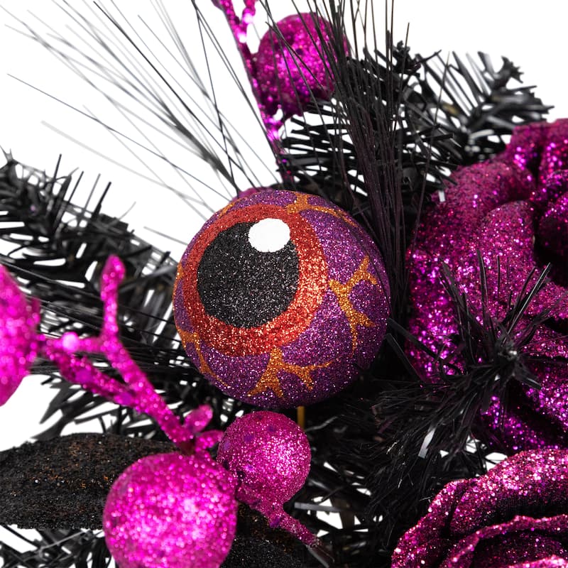 12" Black Witch's Boot Purple Glittered Roses Halloween Decoration