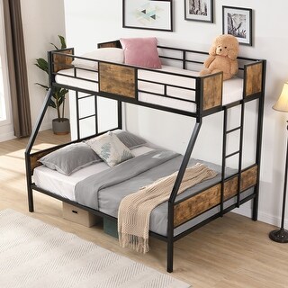 Black+Brown Twin over Full Metal Bunk Bed with Trundle 2 - Side Ladder, Full-Length Guardrail and Large Under Bed Storage
