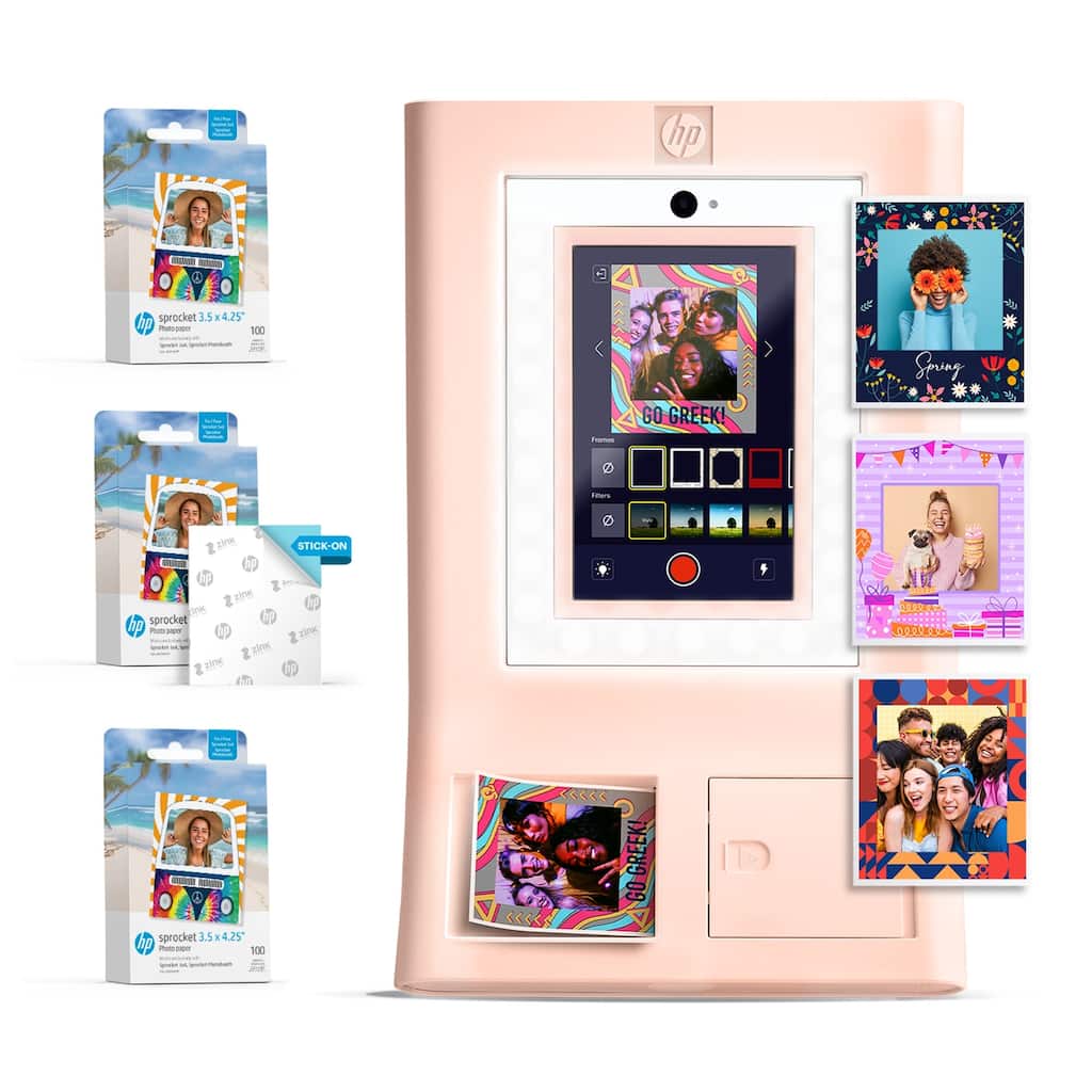 HP Sprocket Photobooth 3x4" Photo Printer (Pink) Bundle w/3.5 x 4.25” Zink Photo Paper (300 Sheets) - Pink