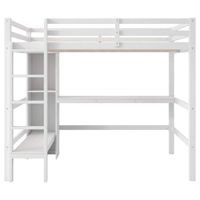 Full Size Loft Bed with Multi-Use Shelving & Underbed Study Desk ，Space-Saving College Dorm Bed with Storage Shelves