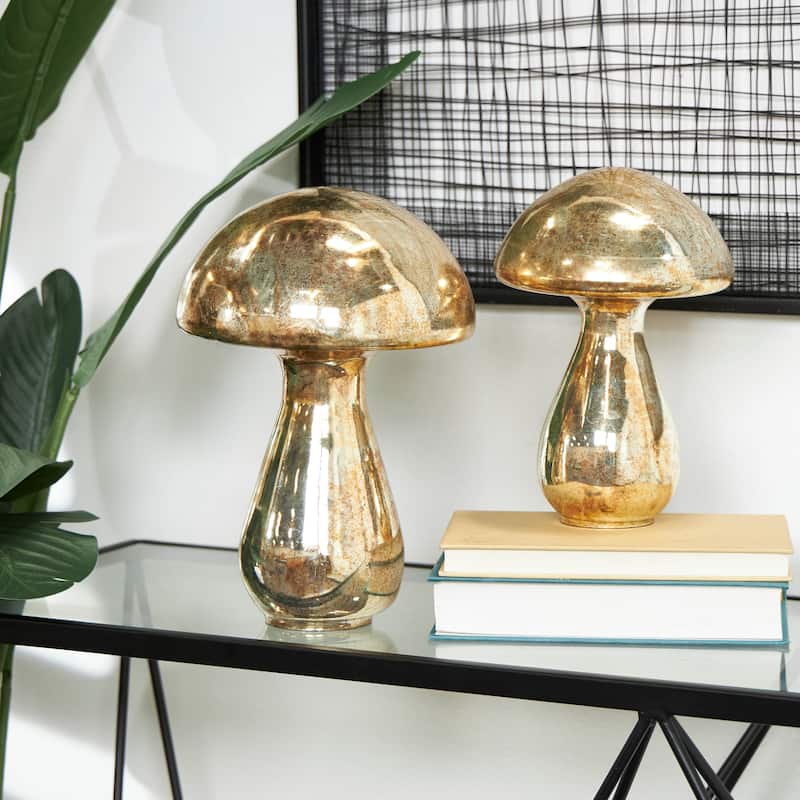 Gold, Green or Champagne Glass Handmade Glossy Weathered Mushroom Sculpture (Set of 2) - Champagne