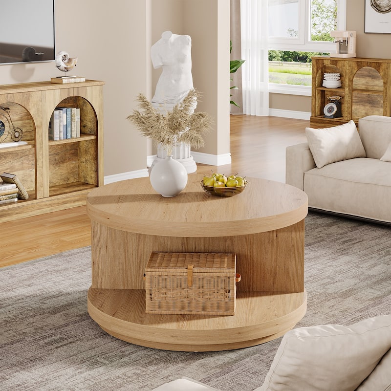 Industrial Round Coffee Table Circle Center Table with Storage Shelves