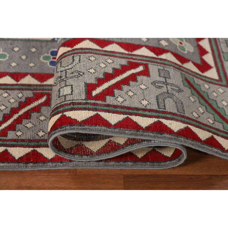 Geometric Gray Kazak Oriental Area Rug Handmade Wool Carpet - 6'4" x 10'0"