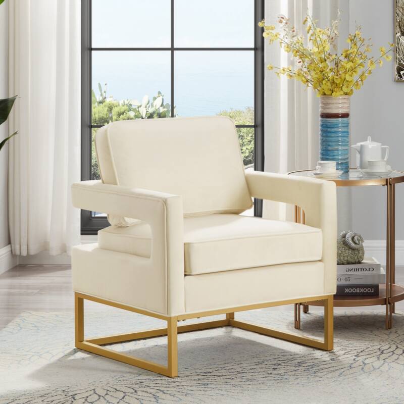 Modern Style Accent Chair with Gold Metal Base , Velvet Upholstered Leisure Chair with Open Armrest, Armchair