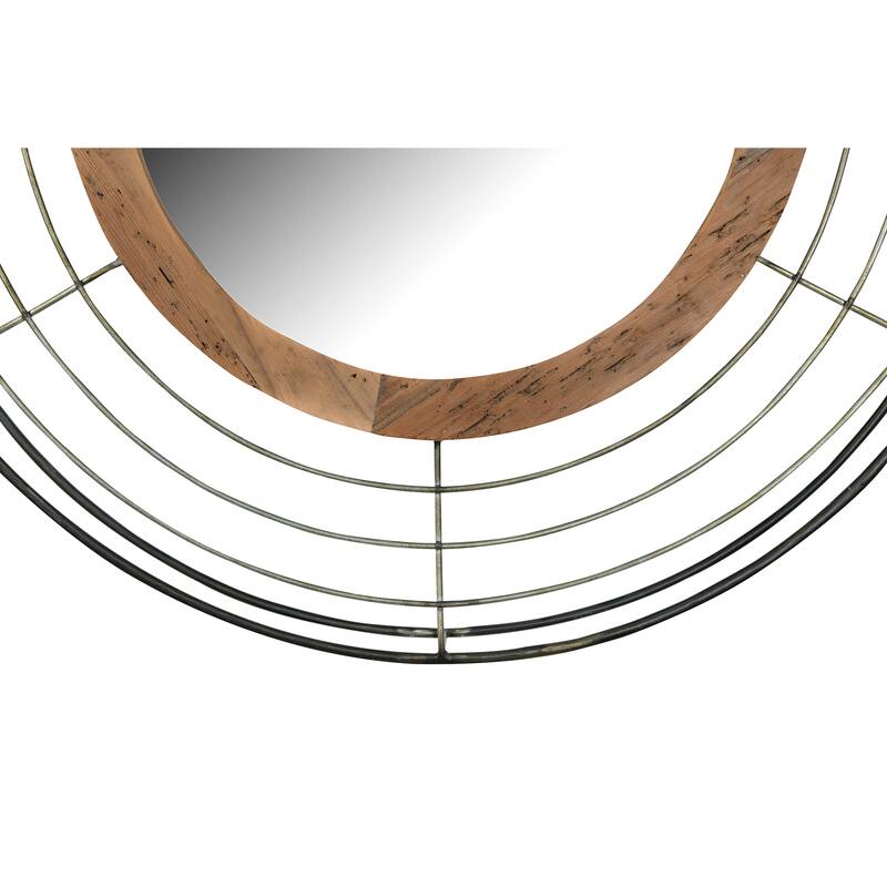 Round Wall Mirror with Wood Frame and Metal Wire Surround - Antique Black