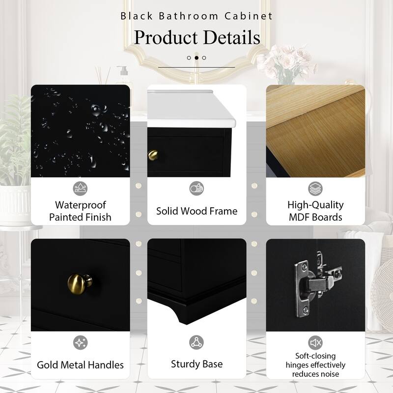 30'' Solid Wood Bathroom Vanity with Ceramic Sink Combo, Freestanding Vanity Set with 2 Drawers& Soft Closing Doors, Black