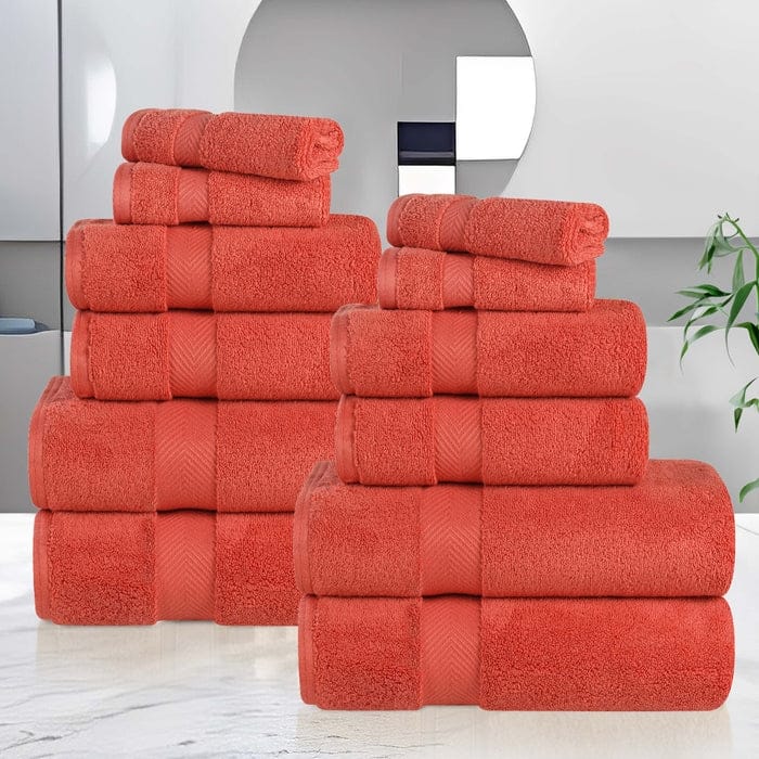 Superior Zero Twist Cotton Soft Absorbent 12 Piece Assorted Towel Set - Brick