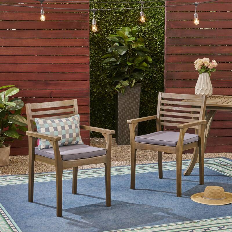 Roomfitters 2-Piece Outdoor Dining Chairs, Acacia Wood and Wicker Hybrid Seating with Water-Resistant Cushions - DARK GREY