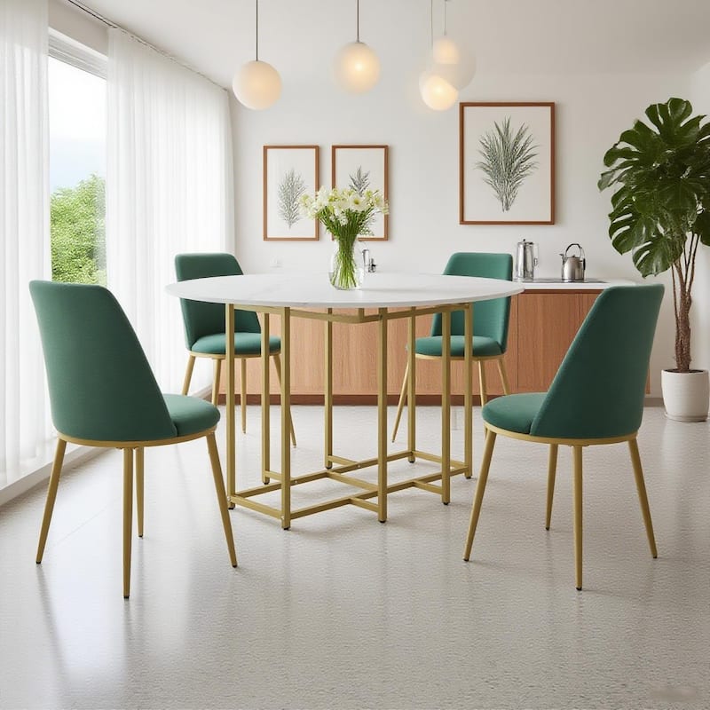 5-Piece Extendable Kitchen Dining Table Set, Round Faux Marble Top with Golden Frame and 4 Upholstered Chairs