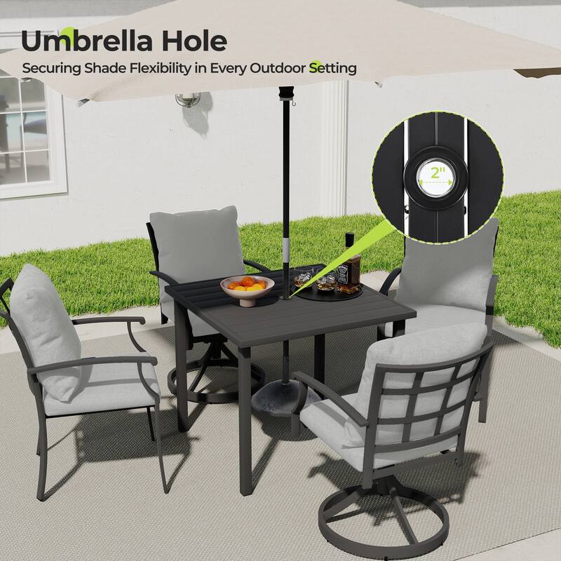 IvyGlow 5-Piece Black Metal Patio Dining Set with Square Table, 2 Swivel Dining Chairs and Gray Cushions