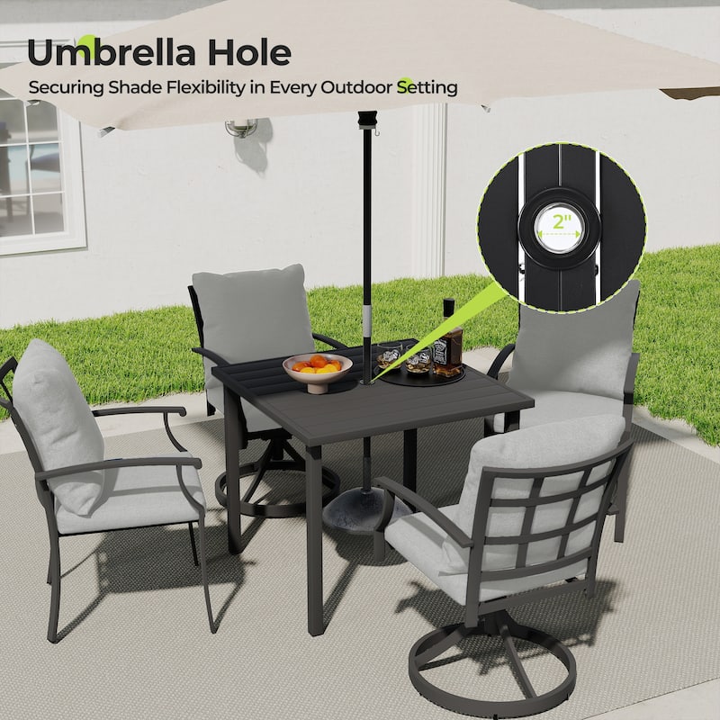 IvyGlow 5-Piece Black Metal Patio Dining Set with Square Table, 4 Swivel Dining Chairs and Gray Cushions