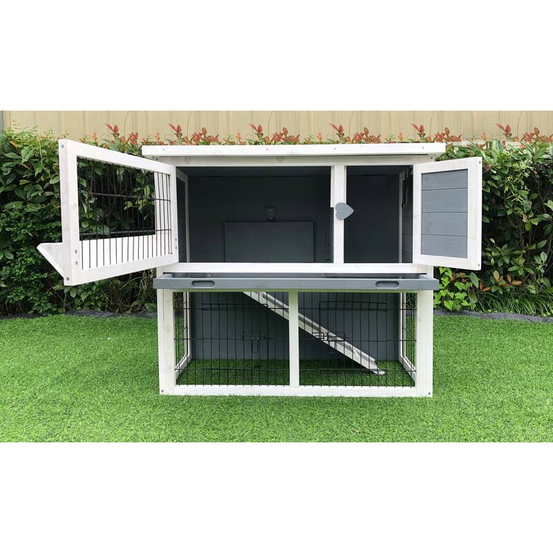 Hanover Outdoor Wooden 2-Story Rabbit Hutch with Ramp, Wire Mesh Run, Waterproof Roof, Removable Tray 3 Ft.W x 1.5 D x 2.6 H