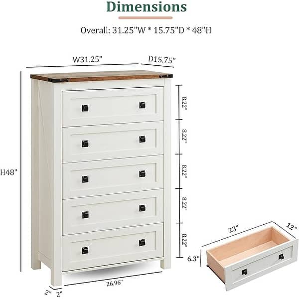 dimension image slide 1 of 6, 48" Tall Farmhouse 5 Drawer Wood Dresser, Chest of Drawers for Bedroom