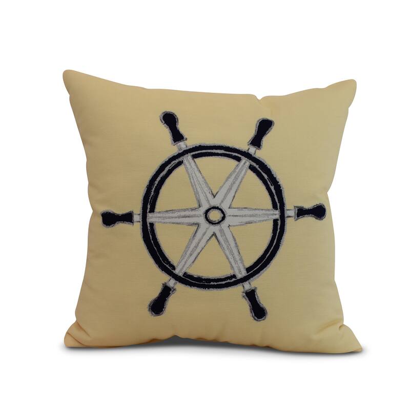 16 x 16 Inch Ship Wheel Geometric Print Outdoor Pillow - Yellow