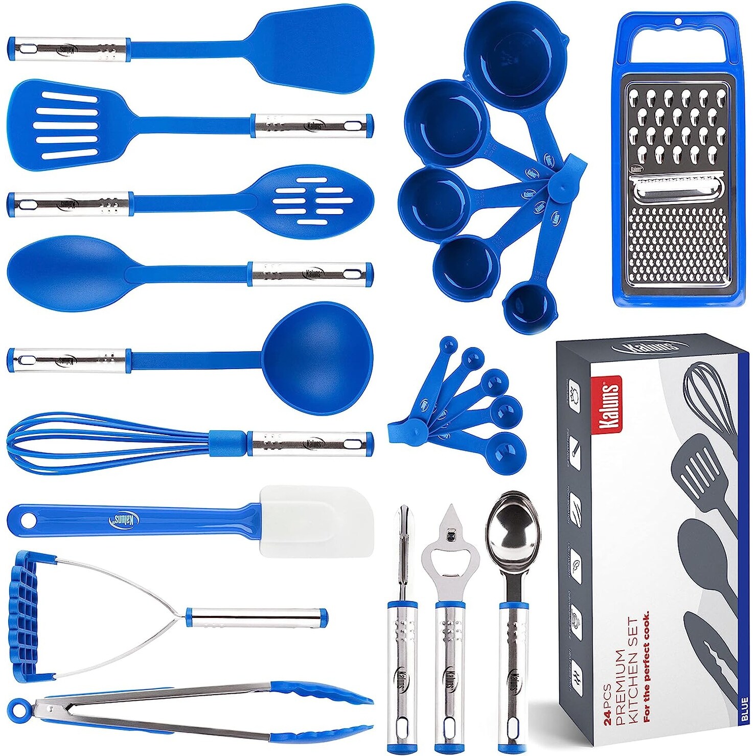 Blue Kitchen Utensil Set - Stainless Steel & Silicone Heat Resistant Professional Cooking Tools