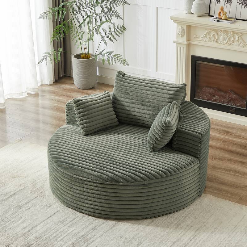 Corduroy Upholstered Single Sofa, Oversized Fluffy Round Sofa, Single Sleeper Reading Chair with Armrest & Pillow