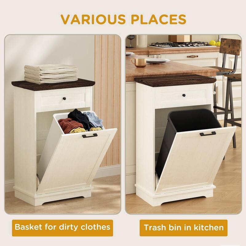 13 Gallon Tilt-Out Trash Can Cabinet, Freestanding Wooden Garbage & Recycling Bin with Hideaway Drawer(Trash Can Not Included)