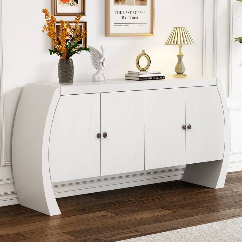 4 Door Buffet Cabinet Kitchen Cabinet with Rounded Arc Legs and Antique Brass Handles, Sideboard with Built Shelves