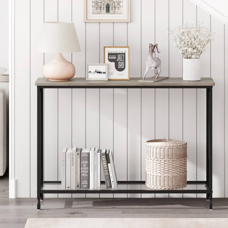 2 Tier Retro Console Table with Glass Shelf Storage