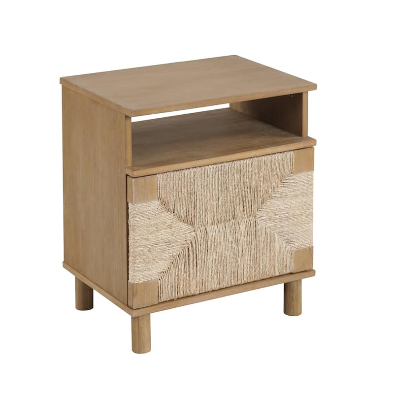 Beacon Wood Nightstand, Bohemian Accent Table or Sofa Side Table with Seagrass Door for Bedroom or Living Room