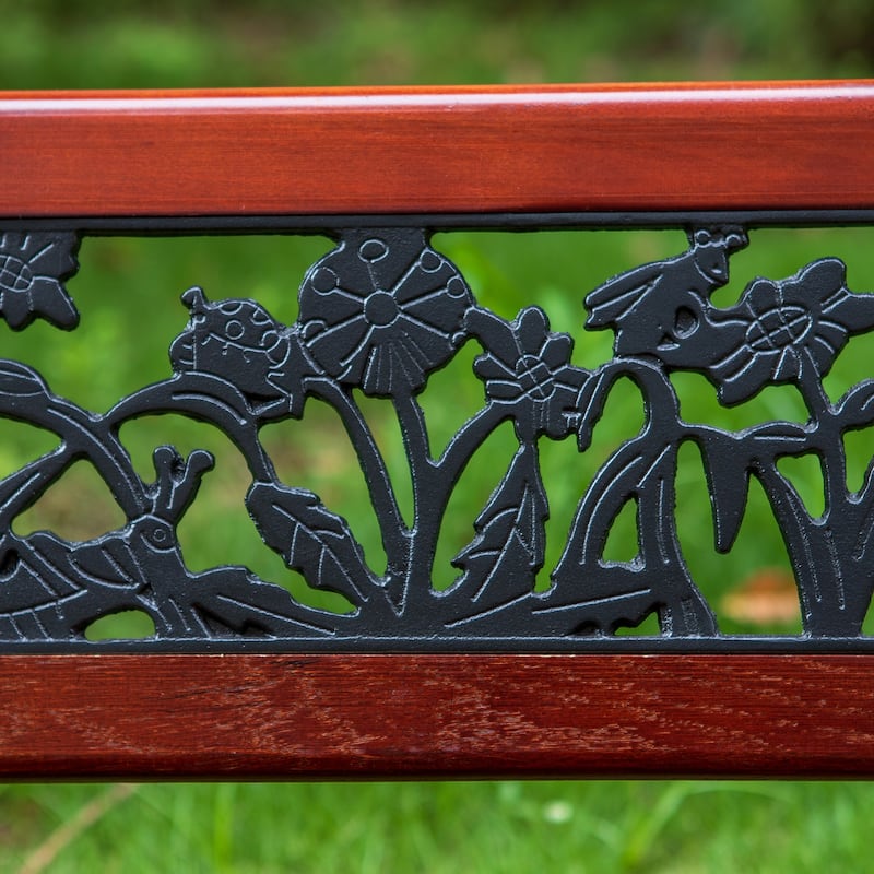 MAISON ARTS Outdoor Garden Bench for Children, 33'' L Metal Bench with Wood Seating & Floral Pattern Back