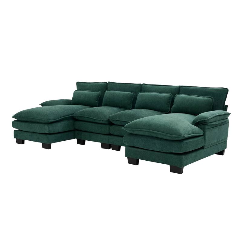 Symmetrical Chenille Upholstered Sectional Sofa U-shaped Cloud Couch with Double Chaise, Side Pockets and Double-layer Cushions