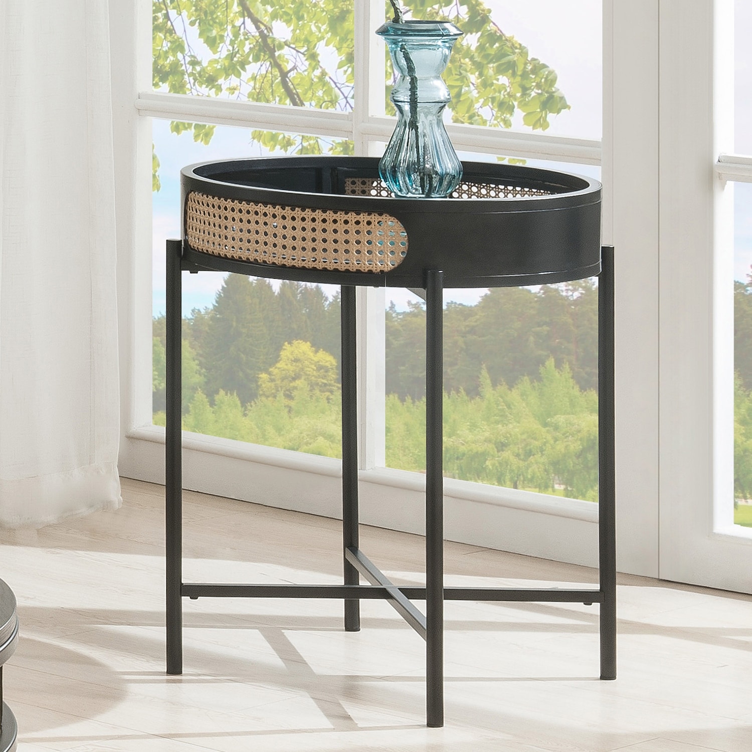 Round End Table with Open Top and Metal Legs in Black Finish