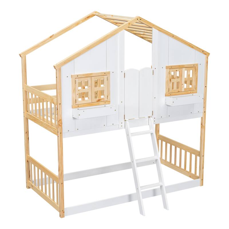 Wooden Twin House Bunk Bed with Roof, Window Boxes, Door, and Guardrails, Low Height Design