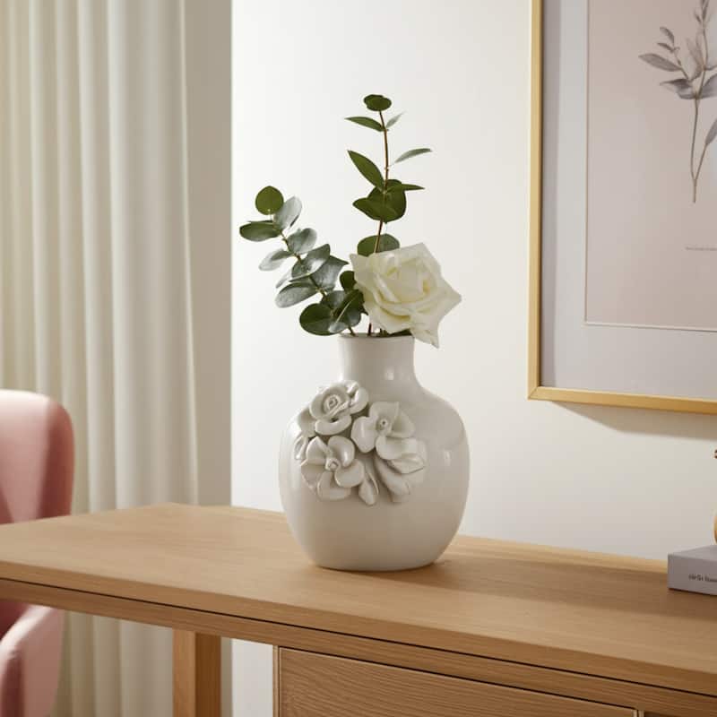Ceramic Decorative Vase 3D Floral Detail Glossy Finish - 6" White