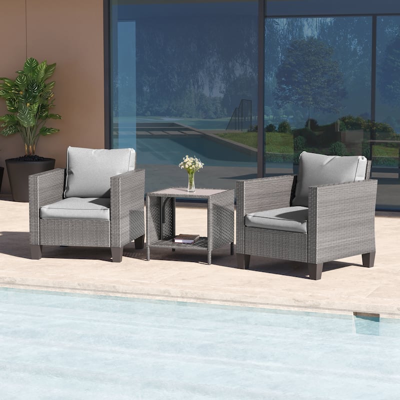 LIVOOSUN 3-Piece Patio Sofa Set Gray Rattan Outdoor Chair with Side Table - Gray/LightGray