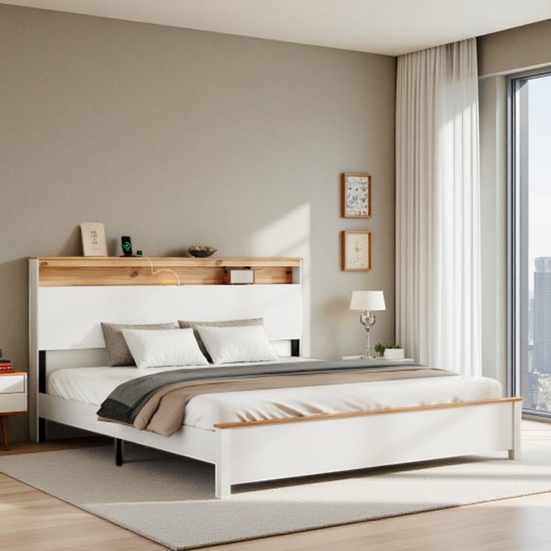 King Rustic Farmhouse Bed Frame with Storage Headboard, LED Lighting & Built-In USB & Type-C Charging Ports