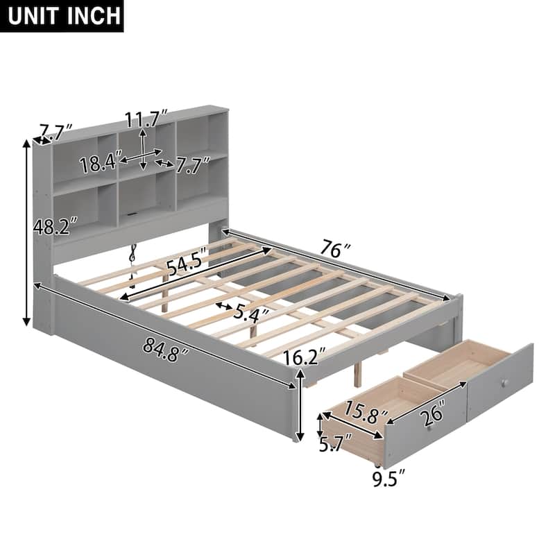 Full Platform Bed with Storage Headboard, USB Charging Ports, and 2 Under-Bed Drawers for Modern Bedrooms
